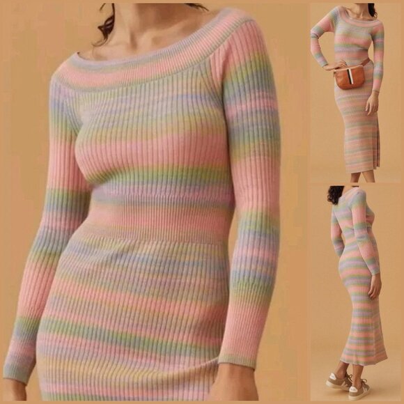 Anthropologie Daily Pastel Practice Rainbow Striped Rib Knit Sweater Dress - Picture 1 of 4